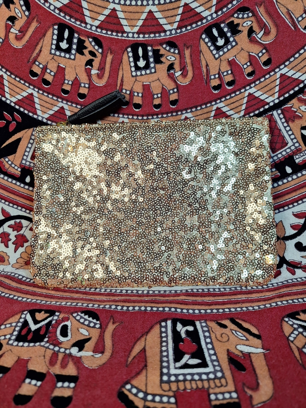 Ipsy Gold Sequin and Black Faux Leather Zip Pouch Cosmetic Travel Bag
